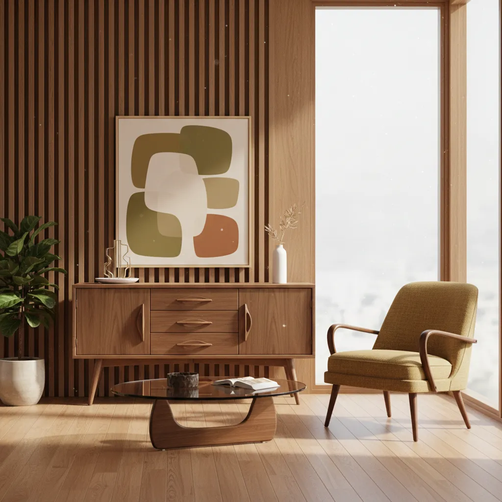 Muebles característicos del estilo 50s con patas inclinadas y madera cálida