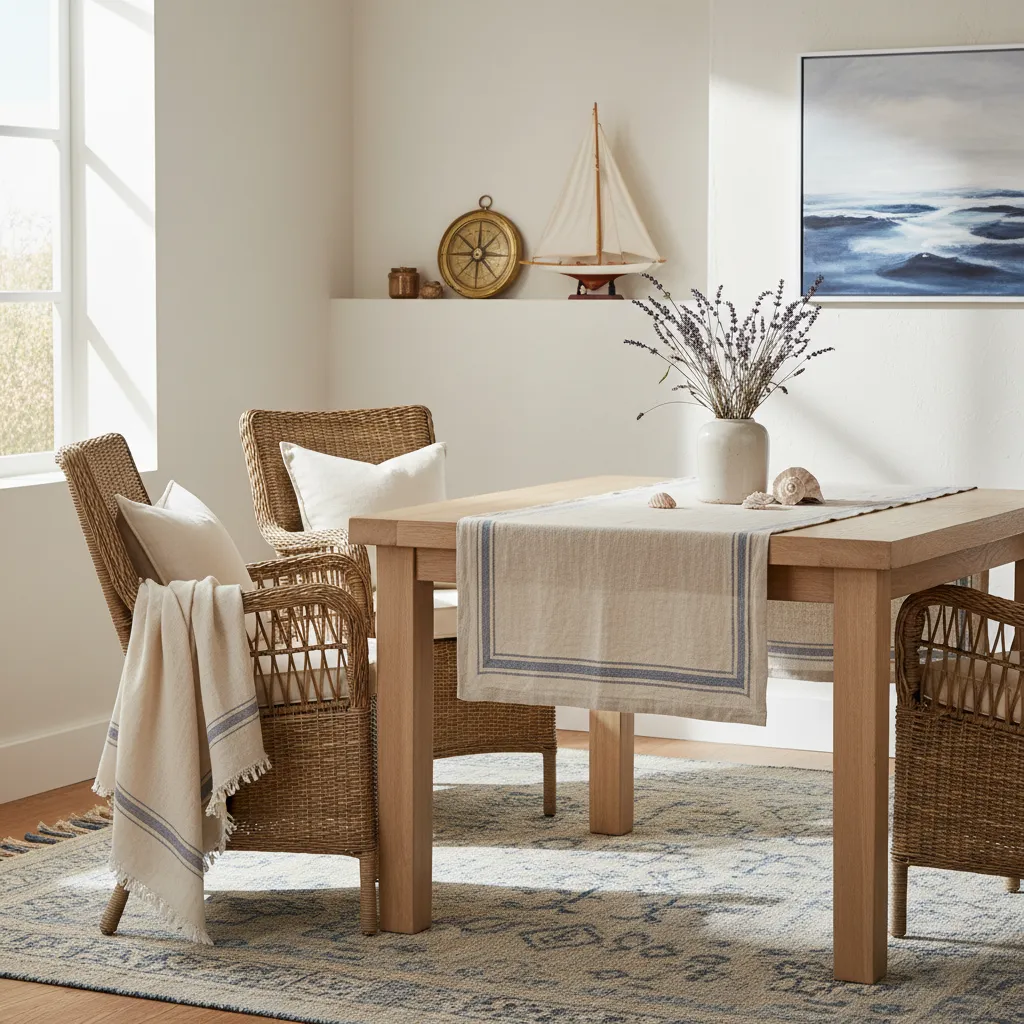 Muebles de madera clara y fibras naturales en interior marinero