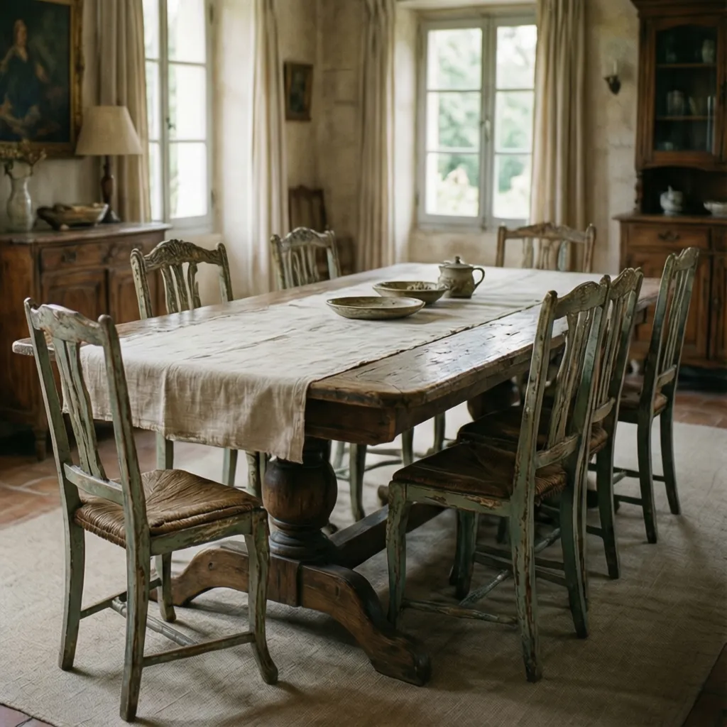 Comedor con muebles de madera envejecida estilo provenzal