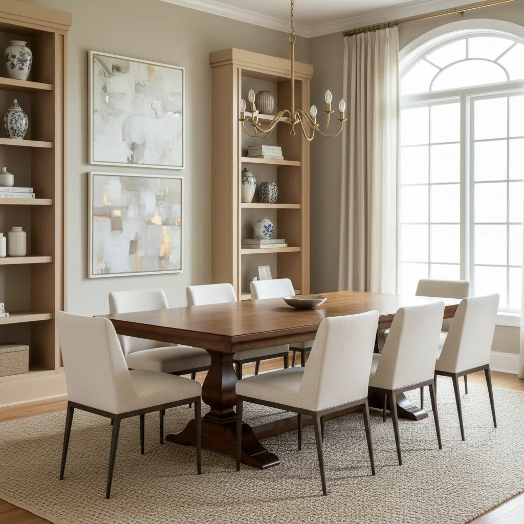Comedor con mesa clásica y sillas modernas tapizadas