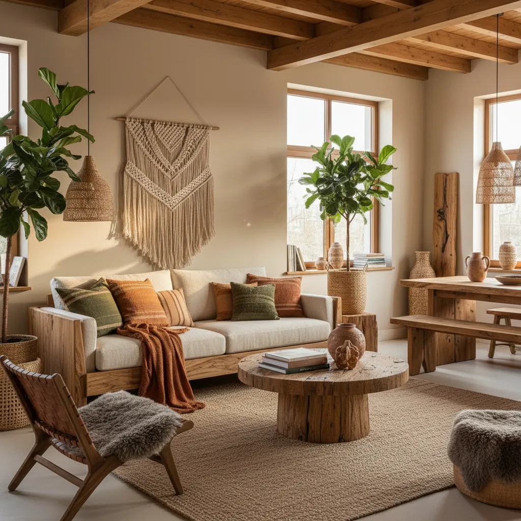 Decoración interior con muebles artesanales y materiales naturales