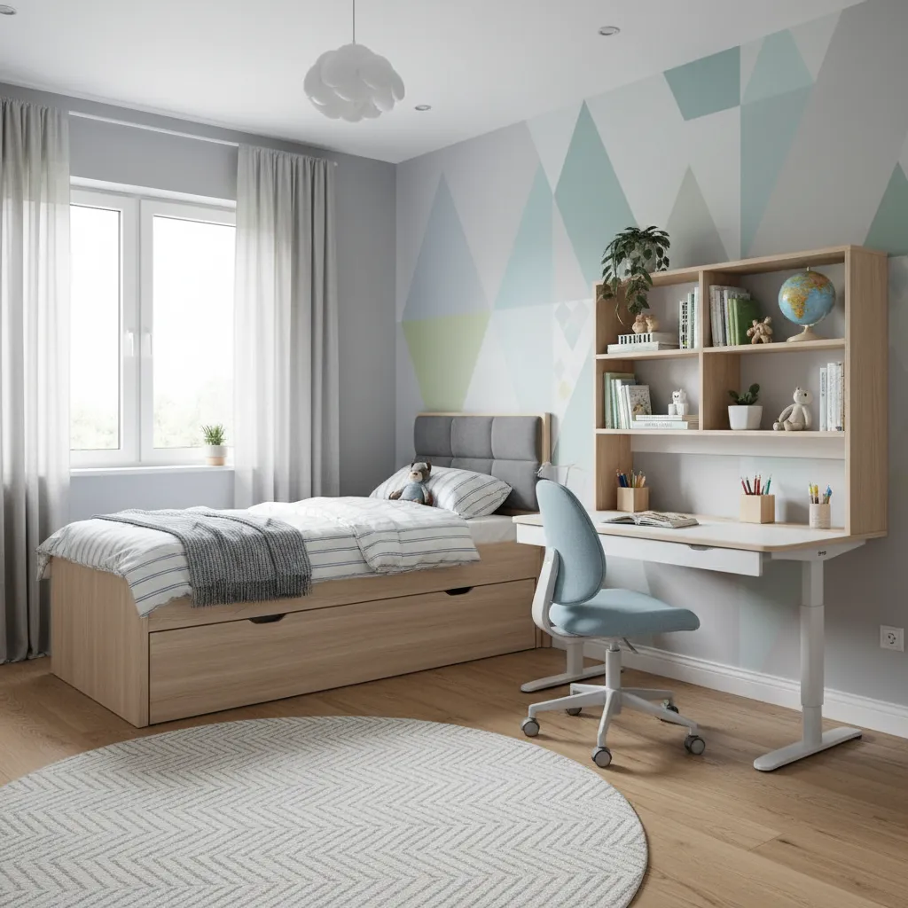Habitación infantil con muebles evolutivos como cama extensible y escritorio ajustable