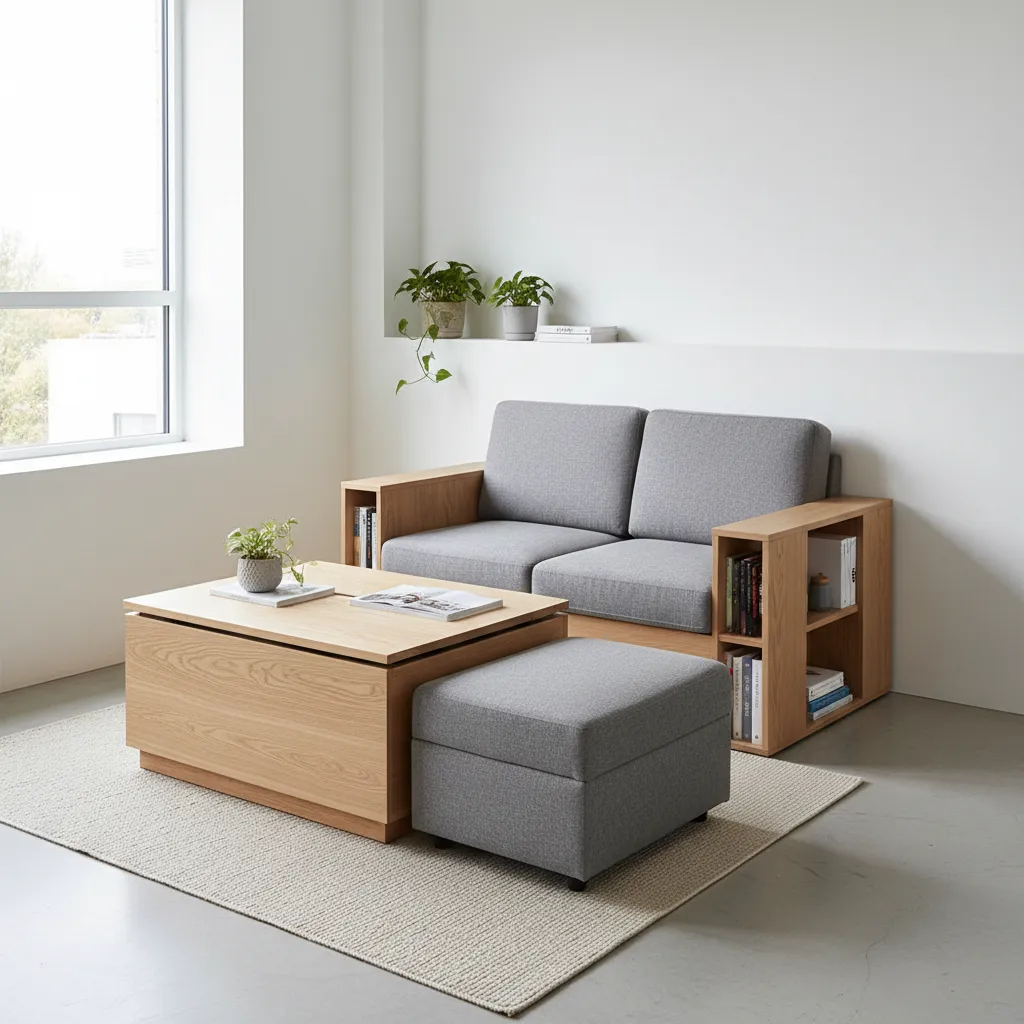 Muebles multifuncionales en una sala pequeña moderna