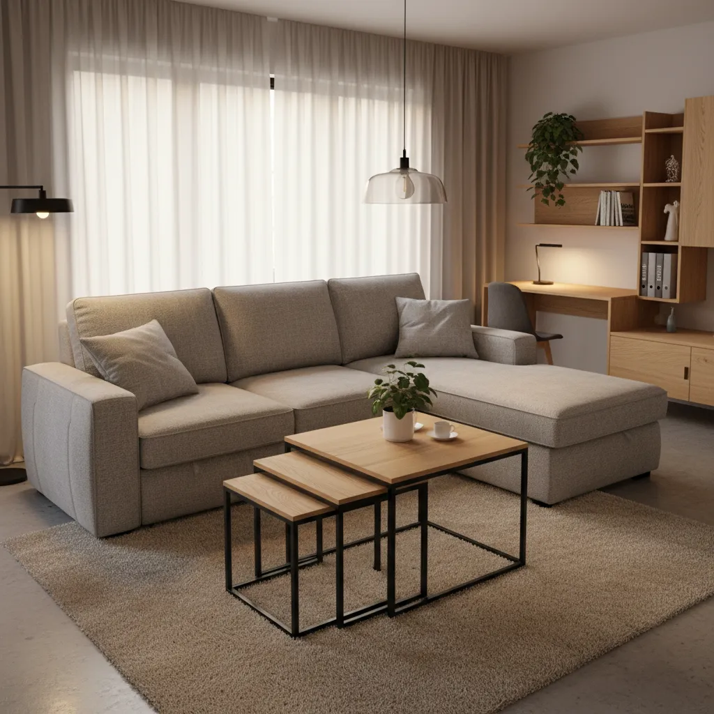 Modern living room with grey sofa nested wooden coffee tables hanging ceiling light and desk