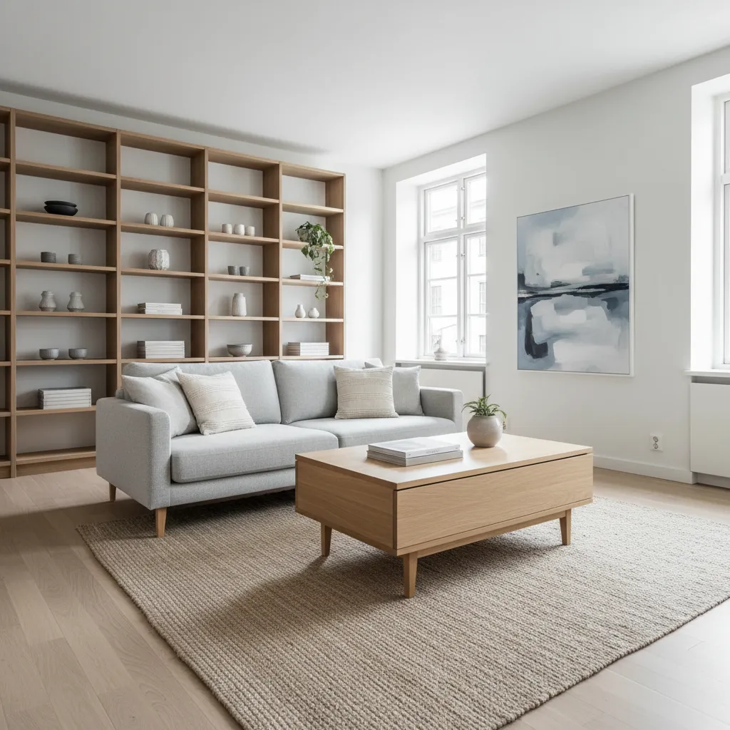 Muebles funcionales en un piso sencillo con almacenamiento integrado