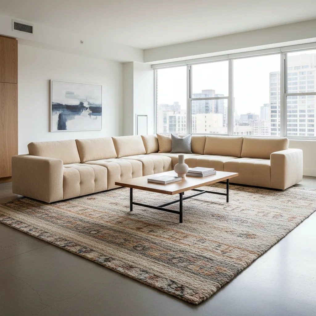 Sala de estar en estudio amplio con sofá modular grande