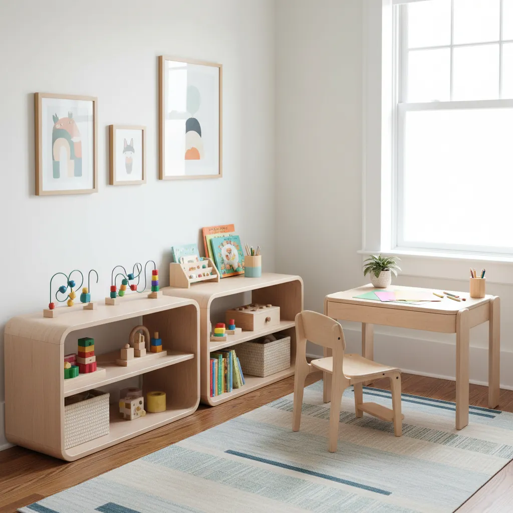 Muebles infantiles ergonómicos con estanterías bajas y escritorio adaptado