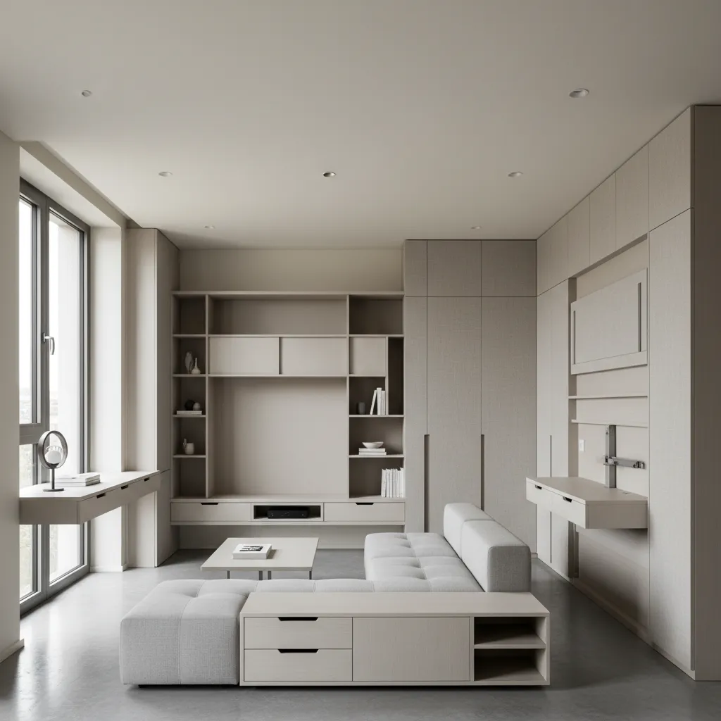 Minimalist living room featuring custom beige cabinets a grey sofa coffee table and large windows