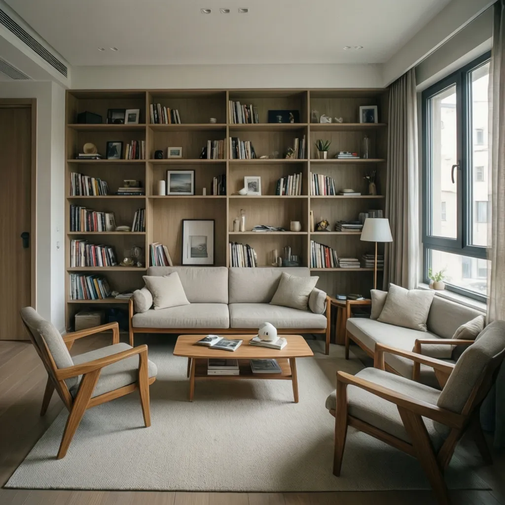 Sala pequeña con muebles integrados y almacenamiento vertical