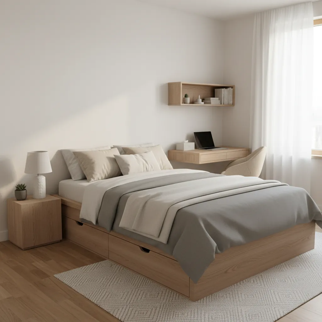 Modern bedroom showing wooden bed with drawers floating desk with laptop and chair by window