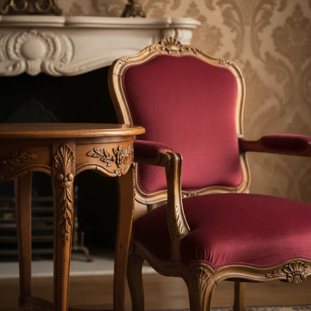 Red chair with wooden frame next to carved side table near a white stone fireplace