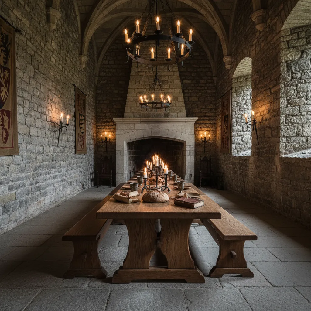 Mesa grande de madera maciza con bancos estilo medieval