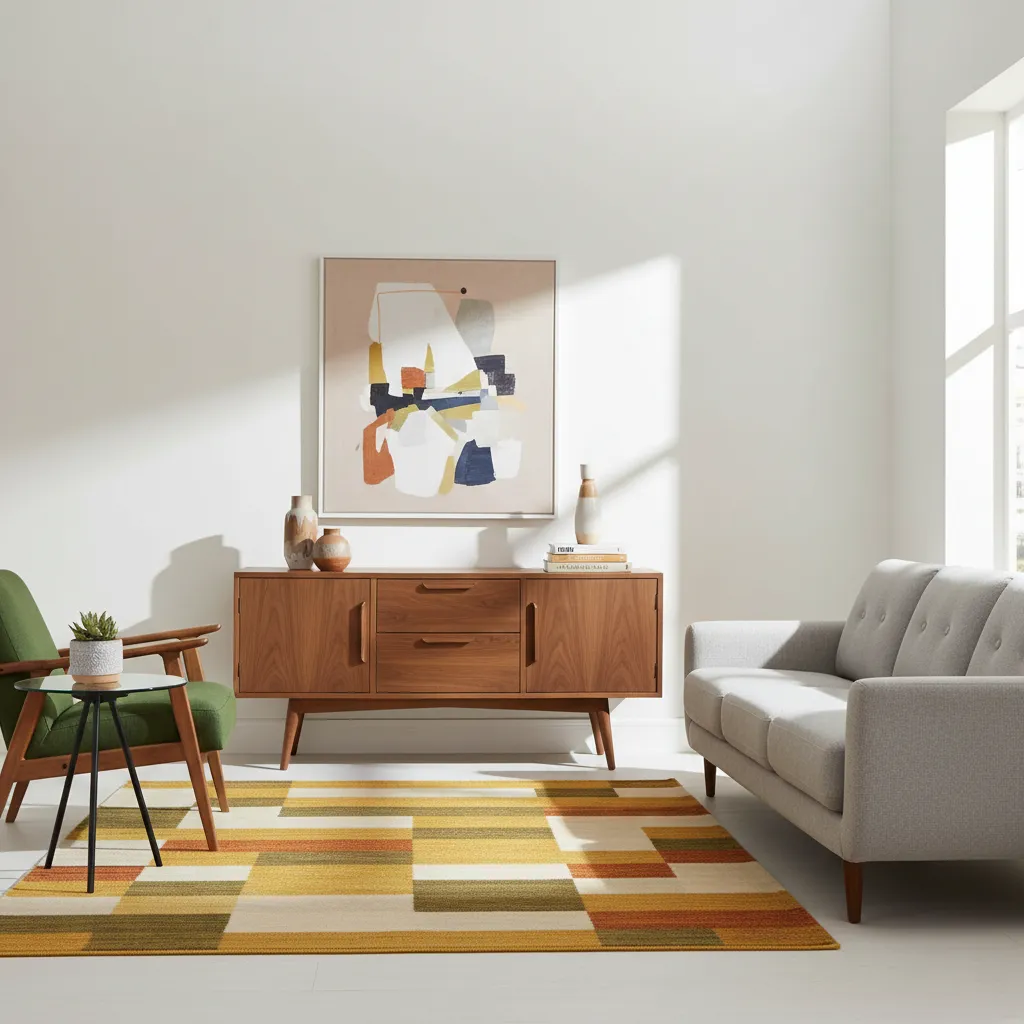 Muebles mid century con patas inclinadas y madera natural