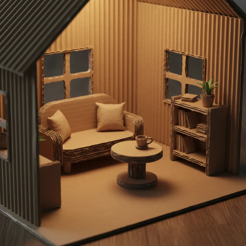 Pequeños muebles hechos de cartón dentro de una casita