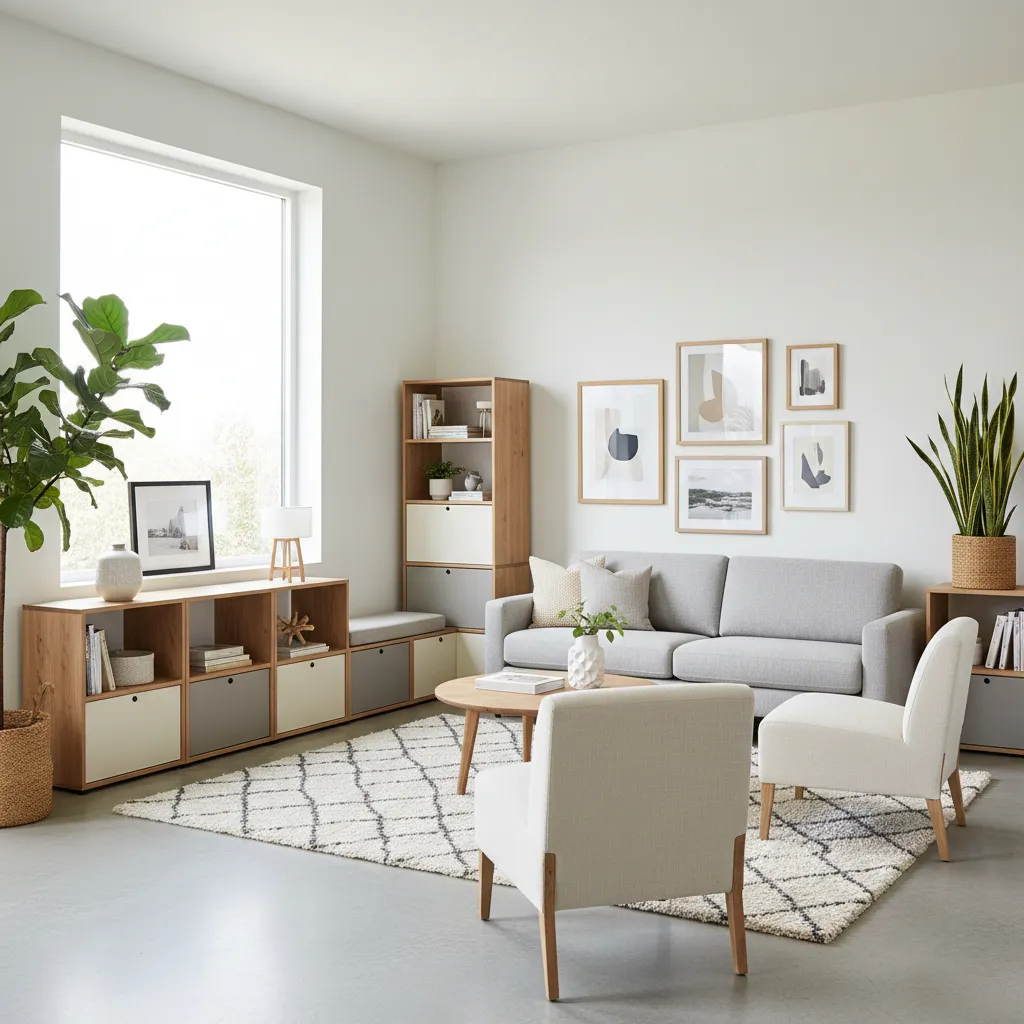 Sistema de muebles modulares en salón contemporáneo