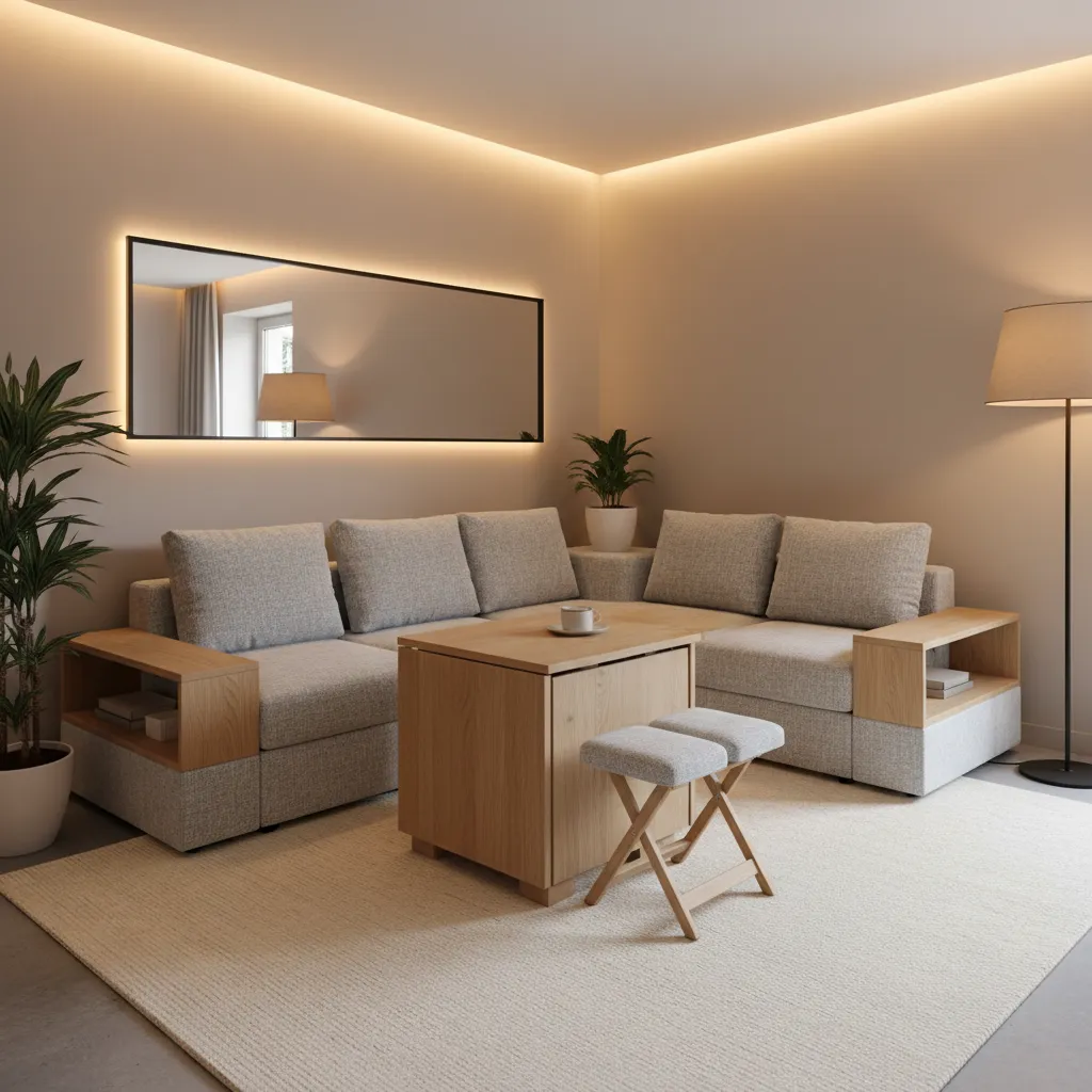 Sala pequeña con muebles multifuncionales y almacenamiento integrado