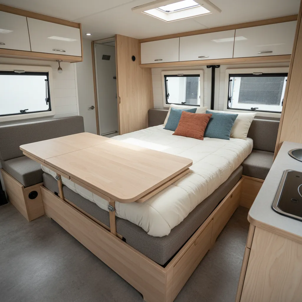 Mesa convertible en cama dentro de una caravana