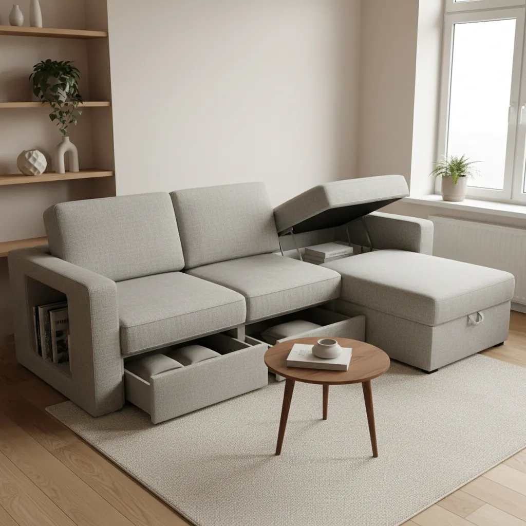 Sofá con almacenamiento en una sala pequeña moderna