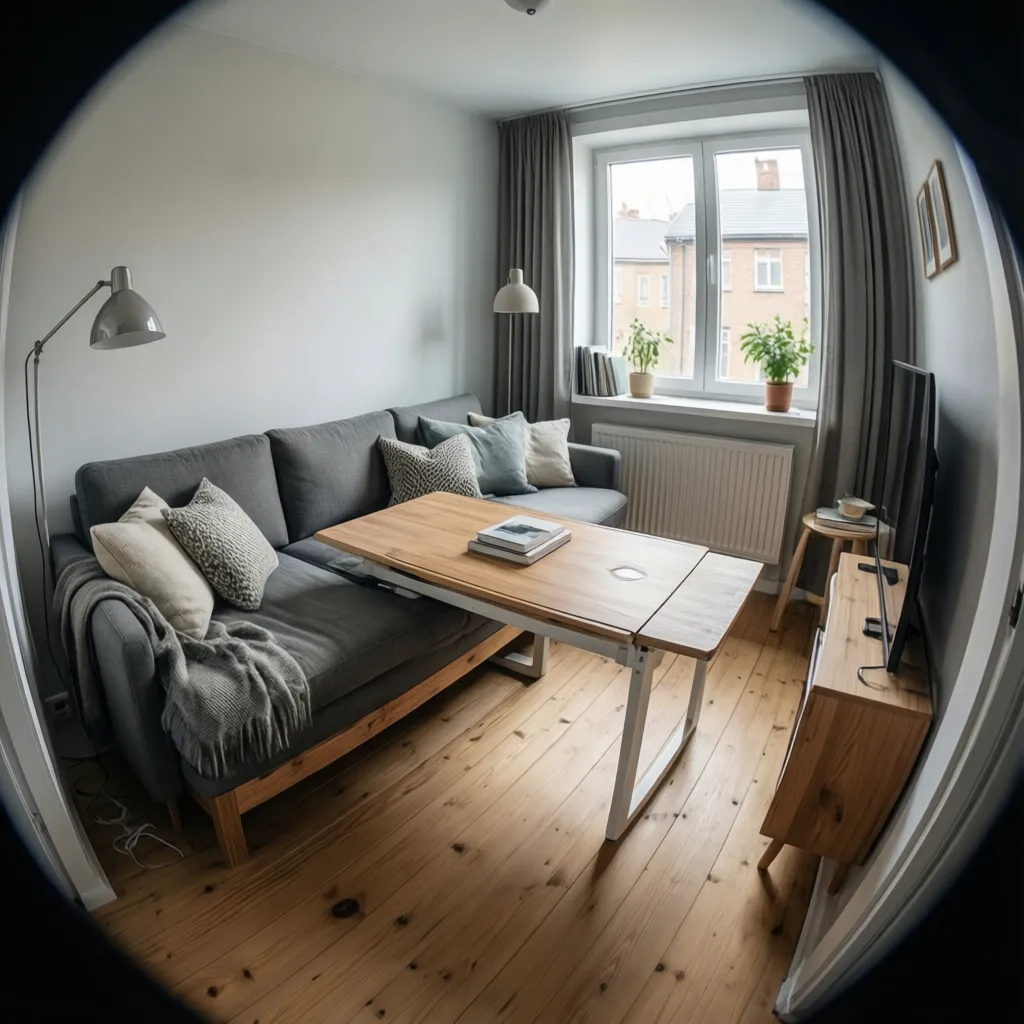 Sala pequeña con sofá cama y mesa extensible