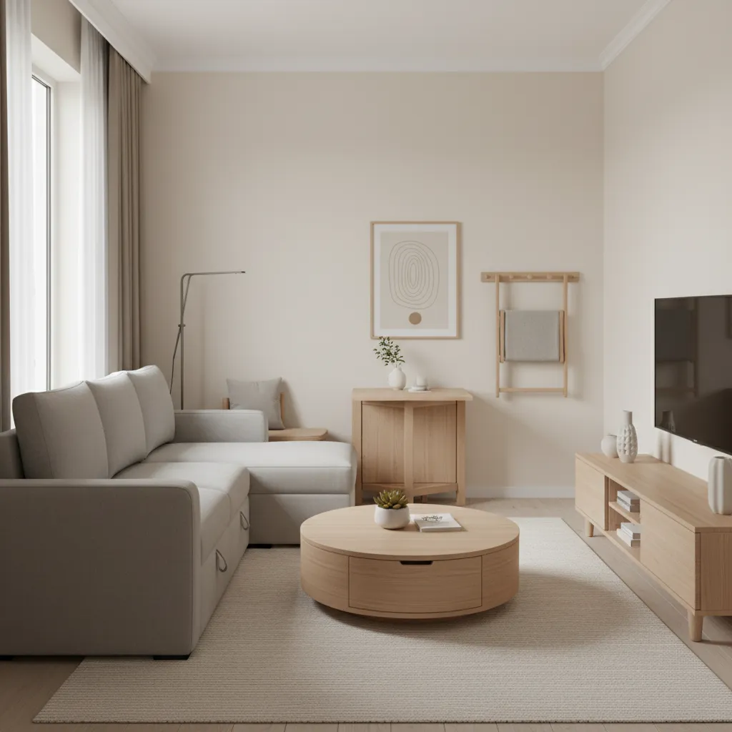 Sala pequeña con muebles multifuncionales y almacenamiento oculto