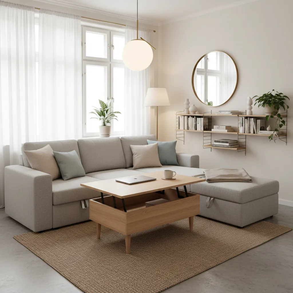 Living room featuring grey sofa, wooden lift top coffee table, rug, mirror, and white shelves