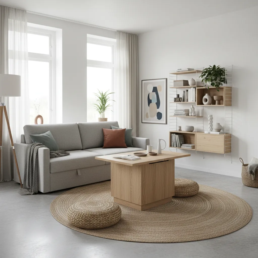 Sala pequeña con sofá con almacenamiento y mesa extensible