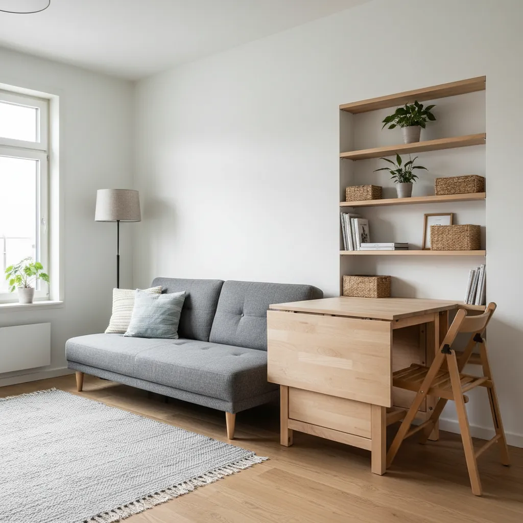 Sala pequeña con muebles multifuncionales en apartamento compacto