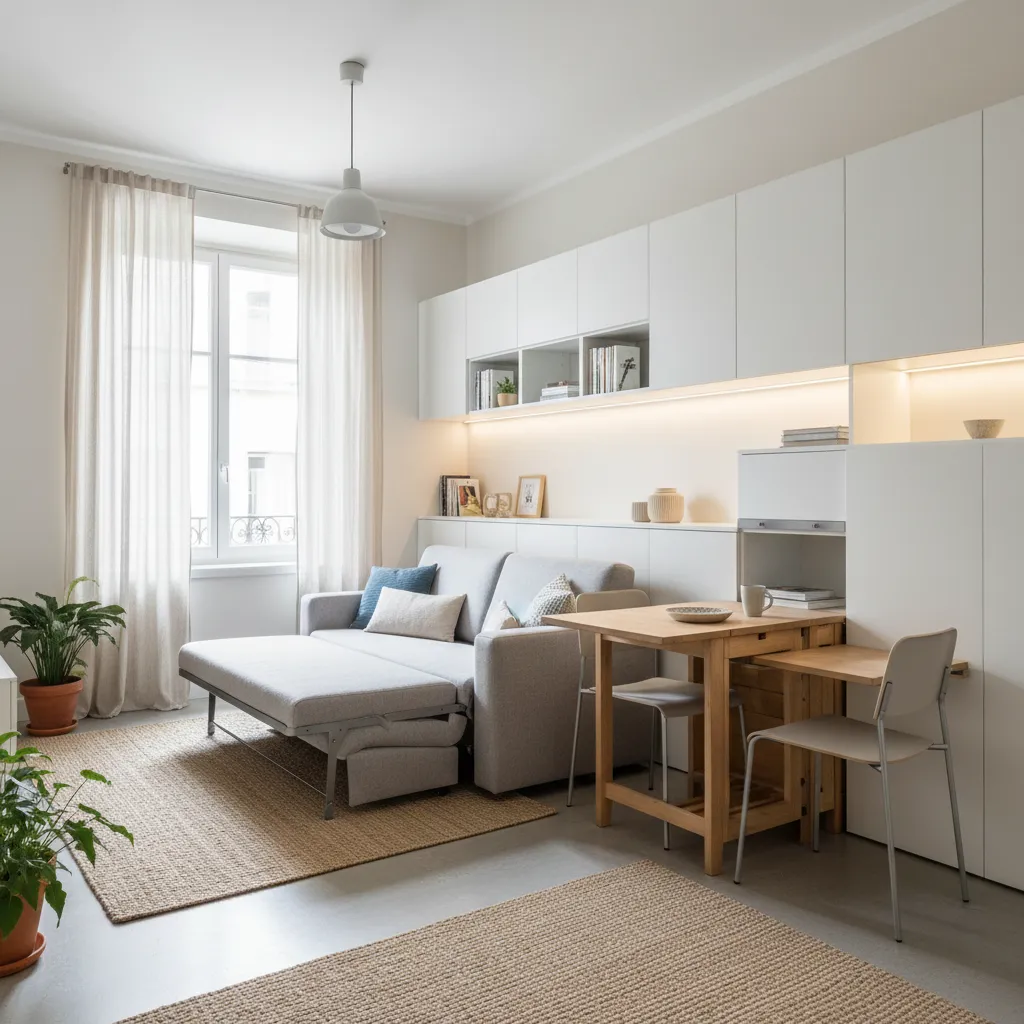 Sala pequeña con muebles multifuncionales y sofá cama