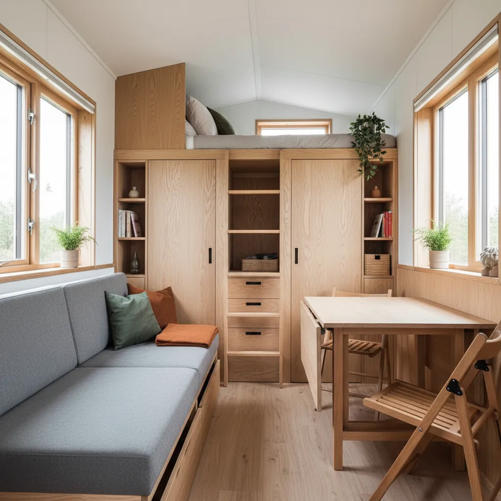 Small wooden home interior with grey sofa dining table and storage bed on the top floor