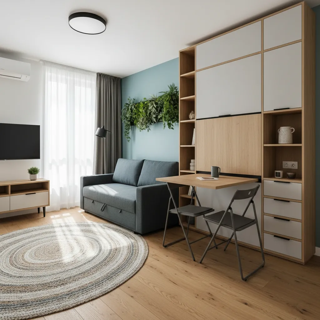 Muebles multifuncionales en interior de casa pequeña moderna