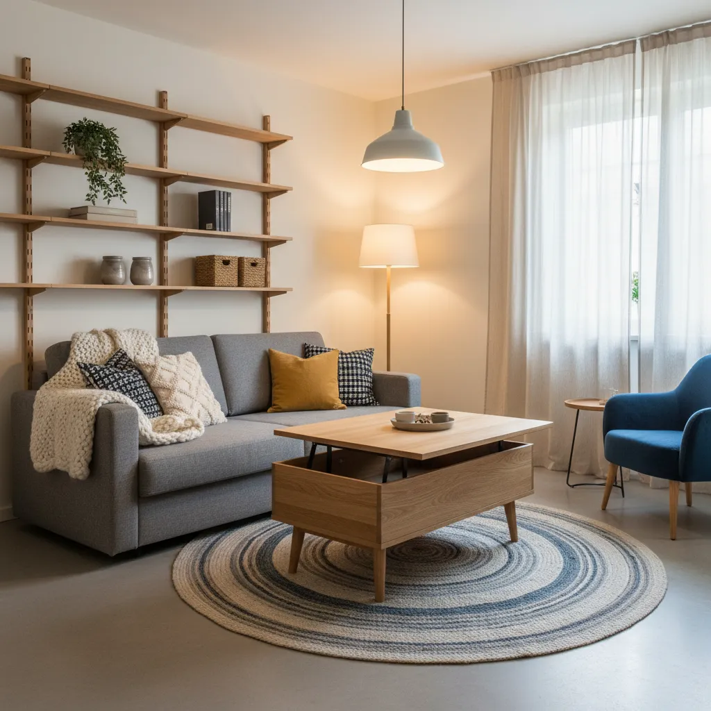 Cozy living room with grey sofa wooden coffee table wall shelves blue chair and curtain