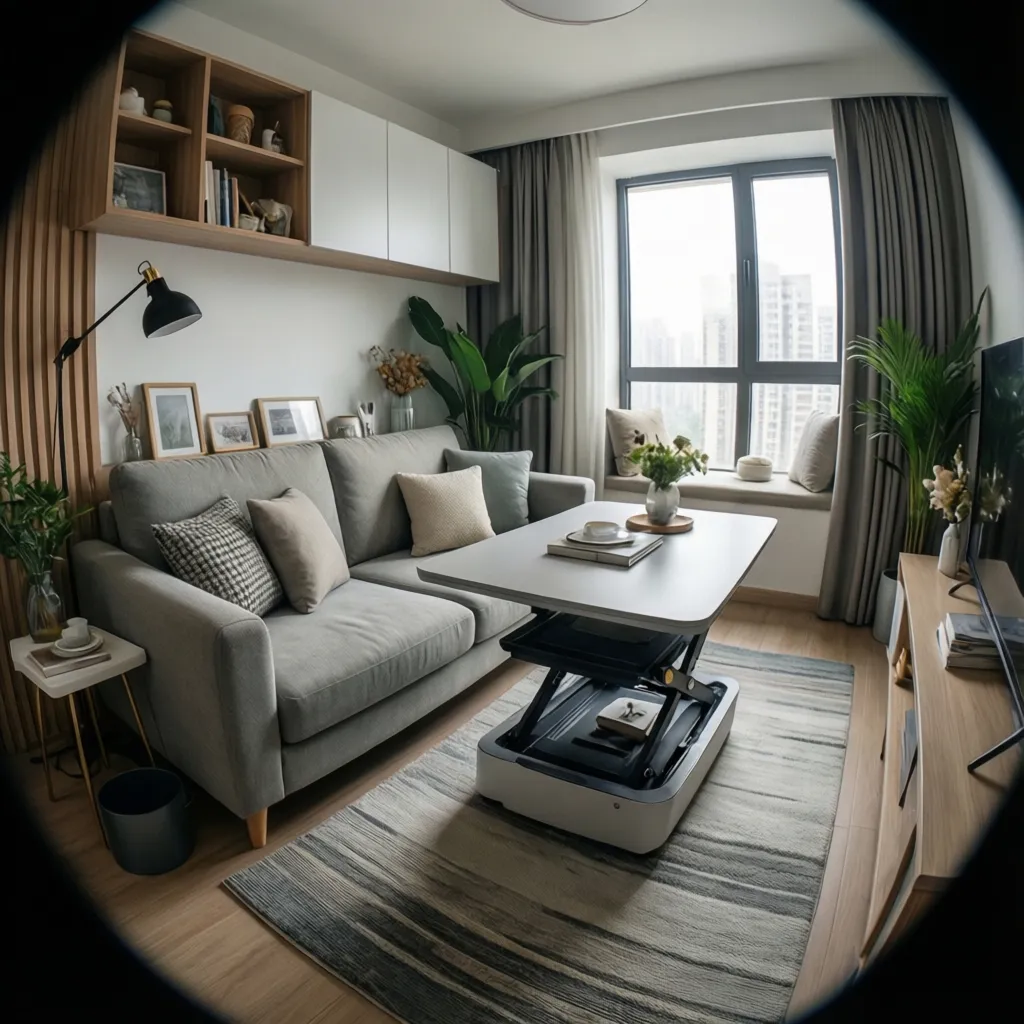 Sala pequeña con muebles multifuncionales y almacenamiento integrado