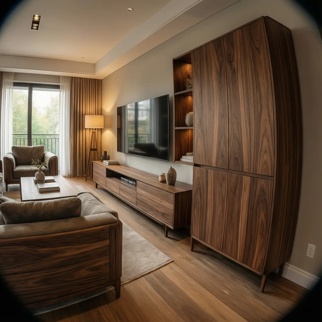 Mueble de nogal en un salón contemporáneo