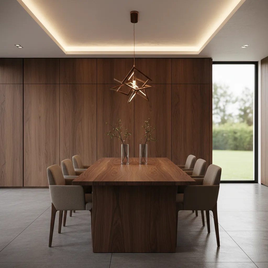 Muebles de nogal oscuro en comedor contemporáneo