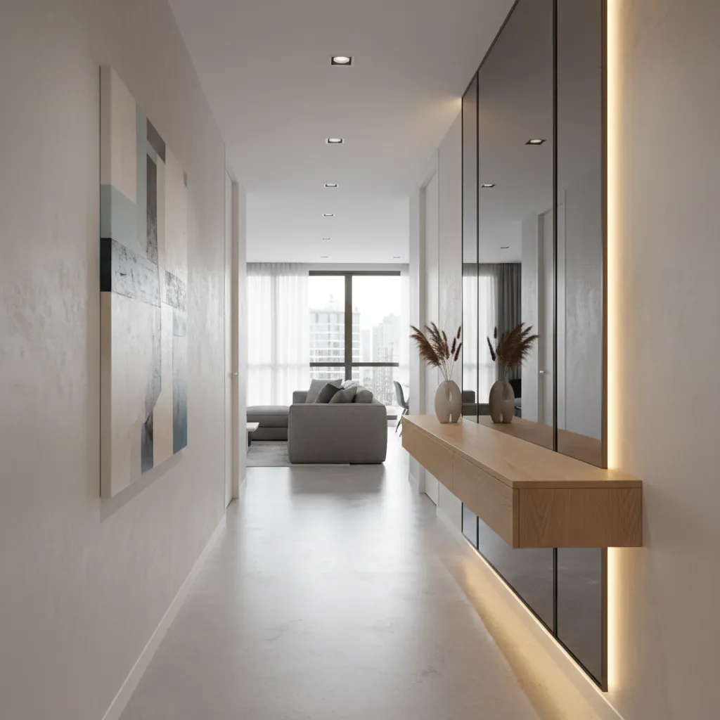 Narrow hallway with wall painting, floating wooden cabinet, large mirror, and view of living room
