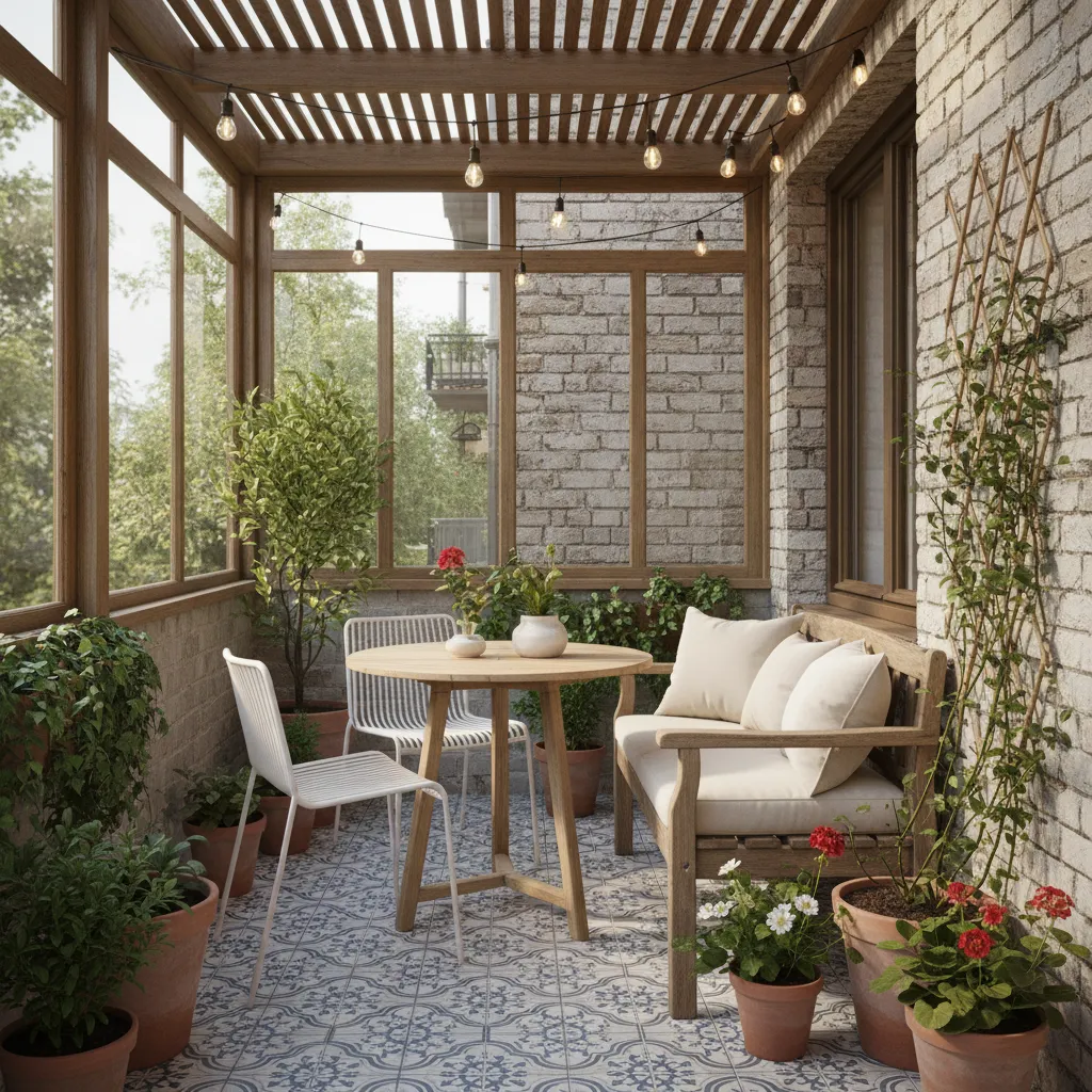 Pequeño patio interior con mesa redonda y sillas ligeras