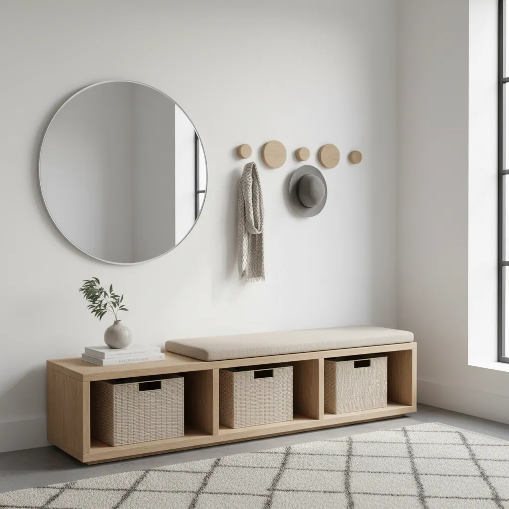 Muebles funcionales para recibidor moderno con banco y almacenamiento
