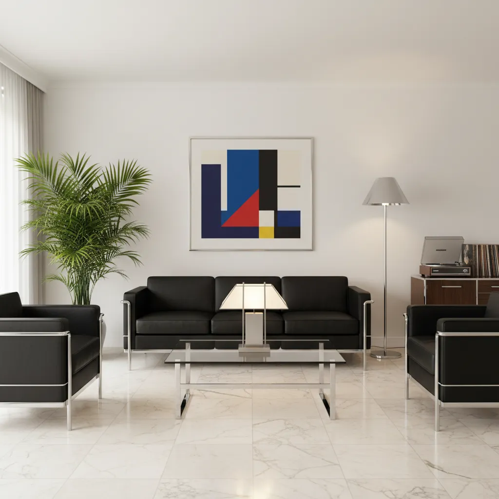 Muebles voluminosos de cuero y metal característicos de los años 80