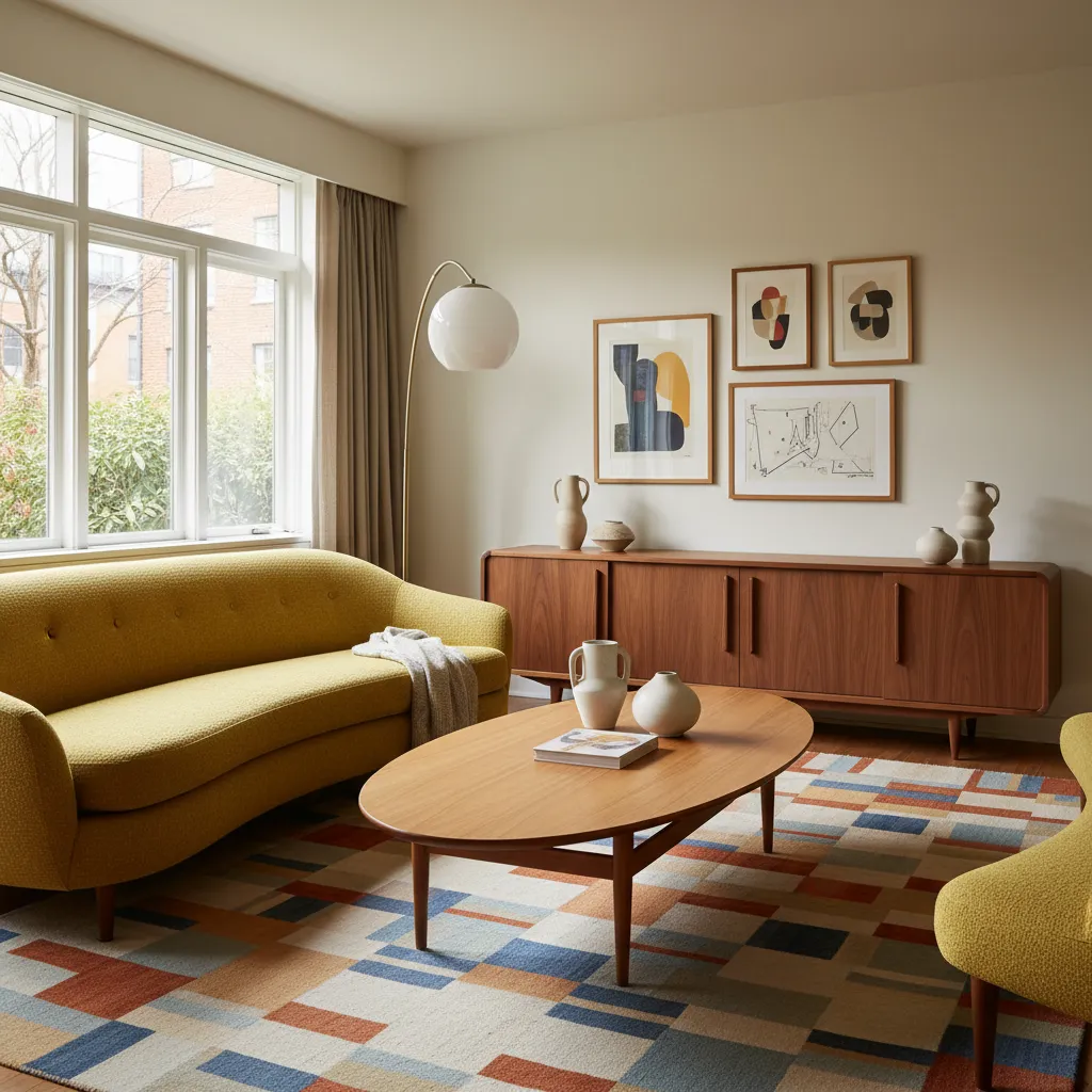 Yellow sofa with wooden coffee table on geometric rug near cabinet and modern wall art