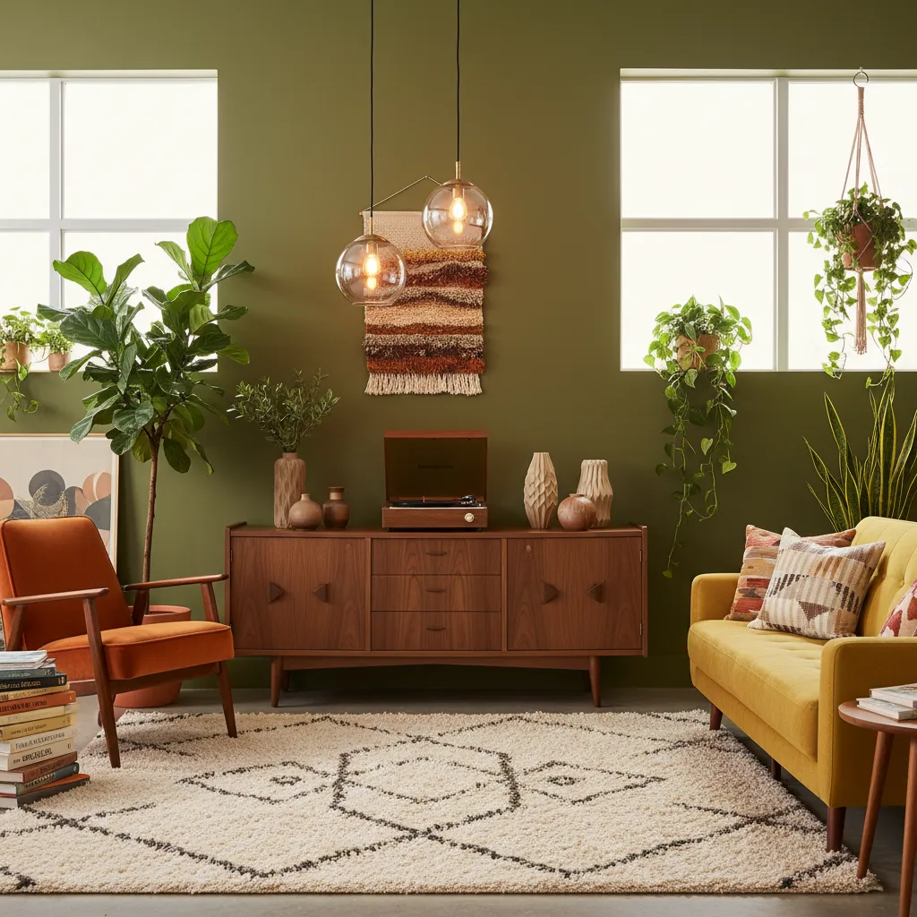 Salón con muebles retro de madera y lámparas globo estilo años 70