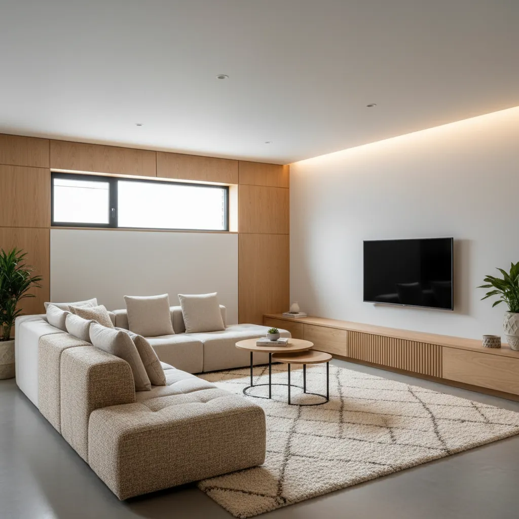 Sala de TV con mueble bajo y sofá modular