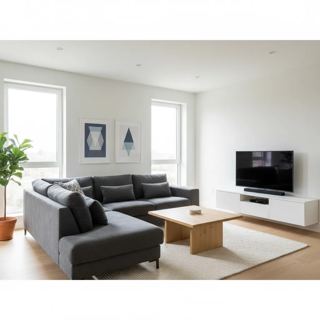 Salón moderno con sofá gris, mesa de centro de madera y decoración minimalista