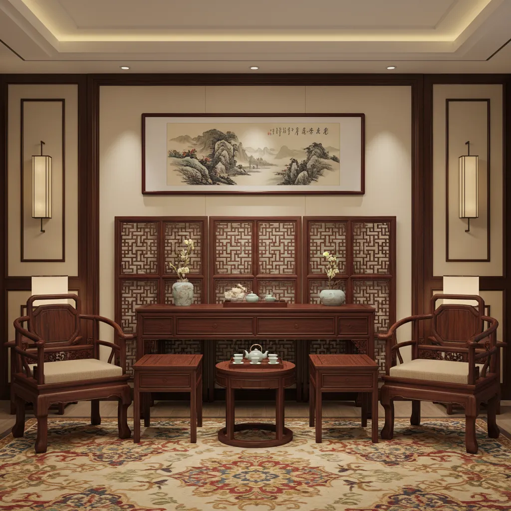 Muebles tradicionales chinos de madera oscura en una sala elegante