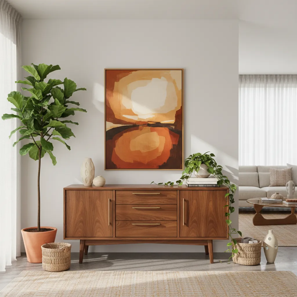 Salón con aparador vintage de madera y decoración minimalista
