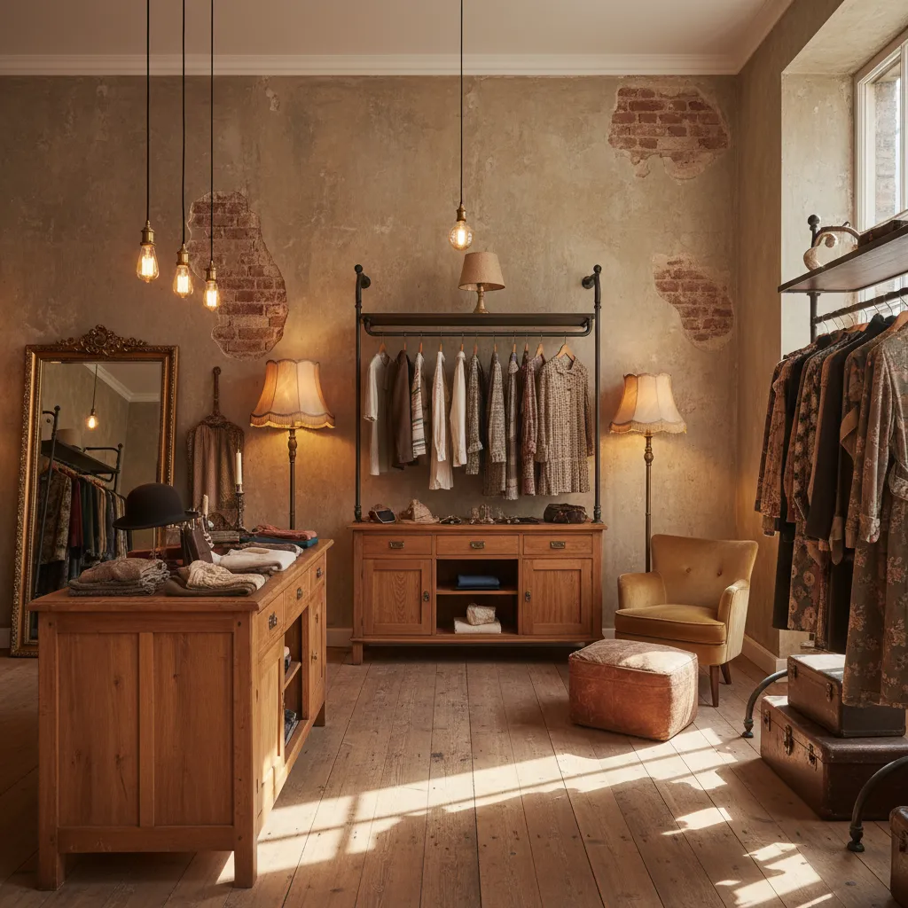 Percheros de hierro y muebles antiguos en una tienda de ropa vintage