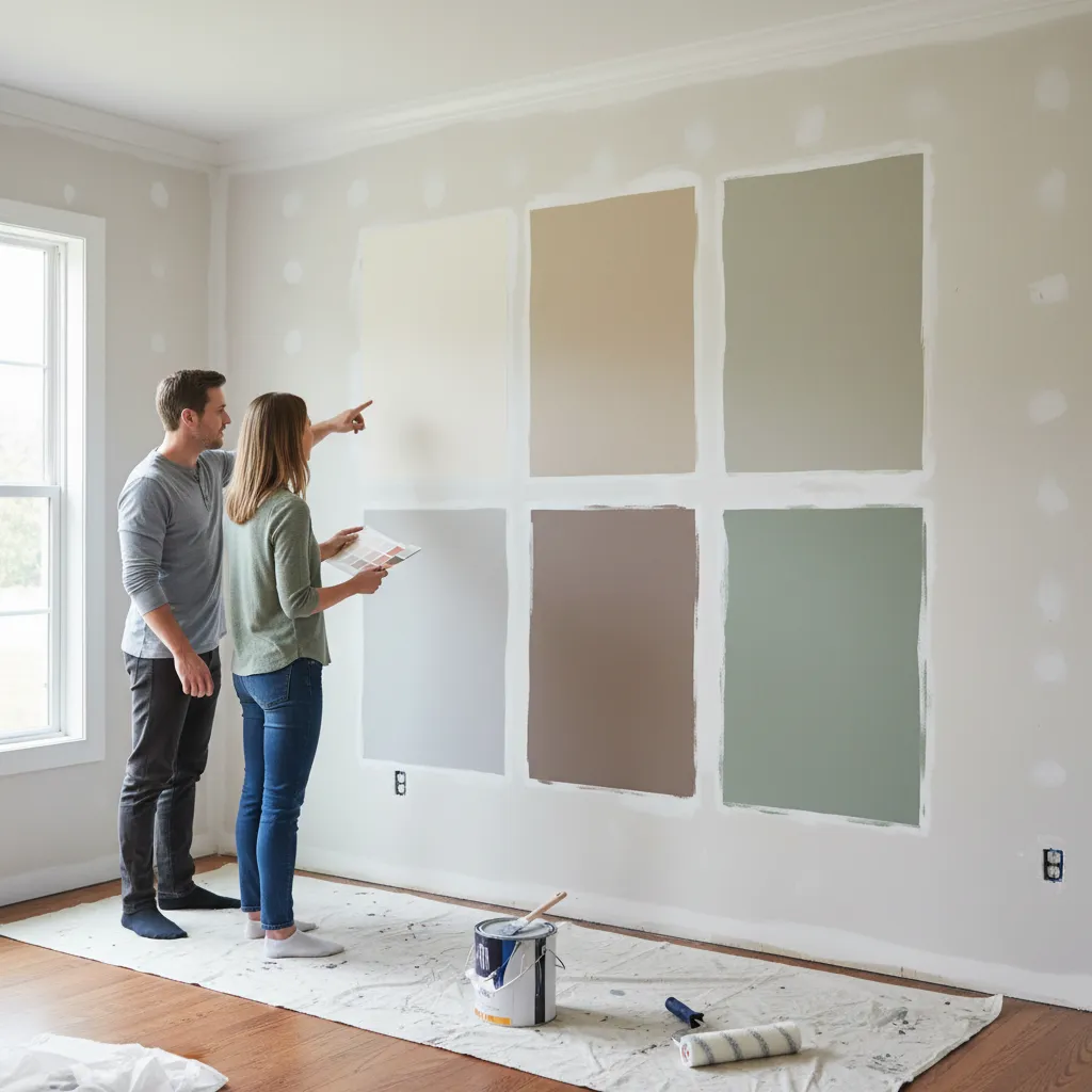 Muestras grandes de pintura probadas directamente sobre una pared antes de elegir color final