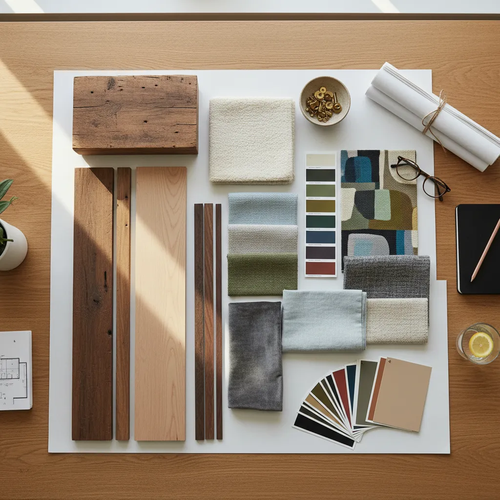 Top view of wooden planks, fabric swatches, color palette cards, and glasses on a desk