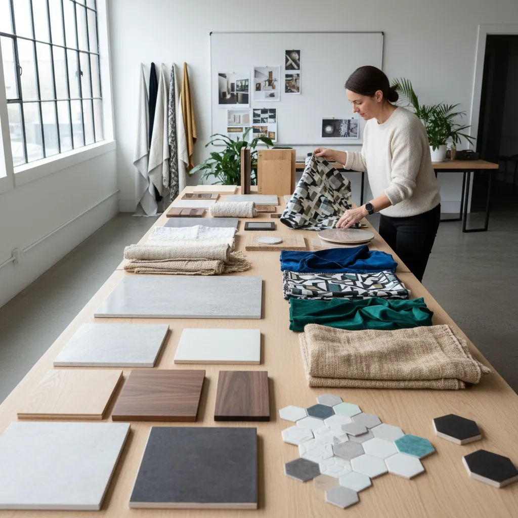 Mesa con muestras de materiales para interiorismo