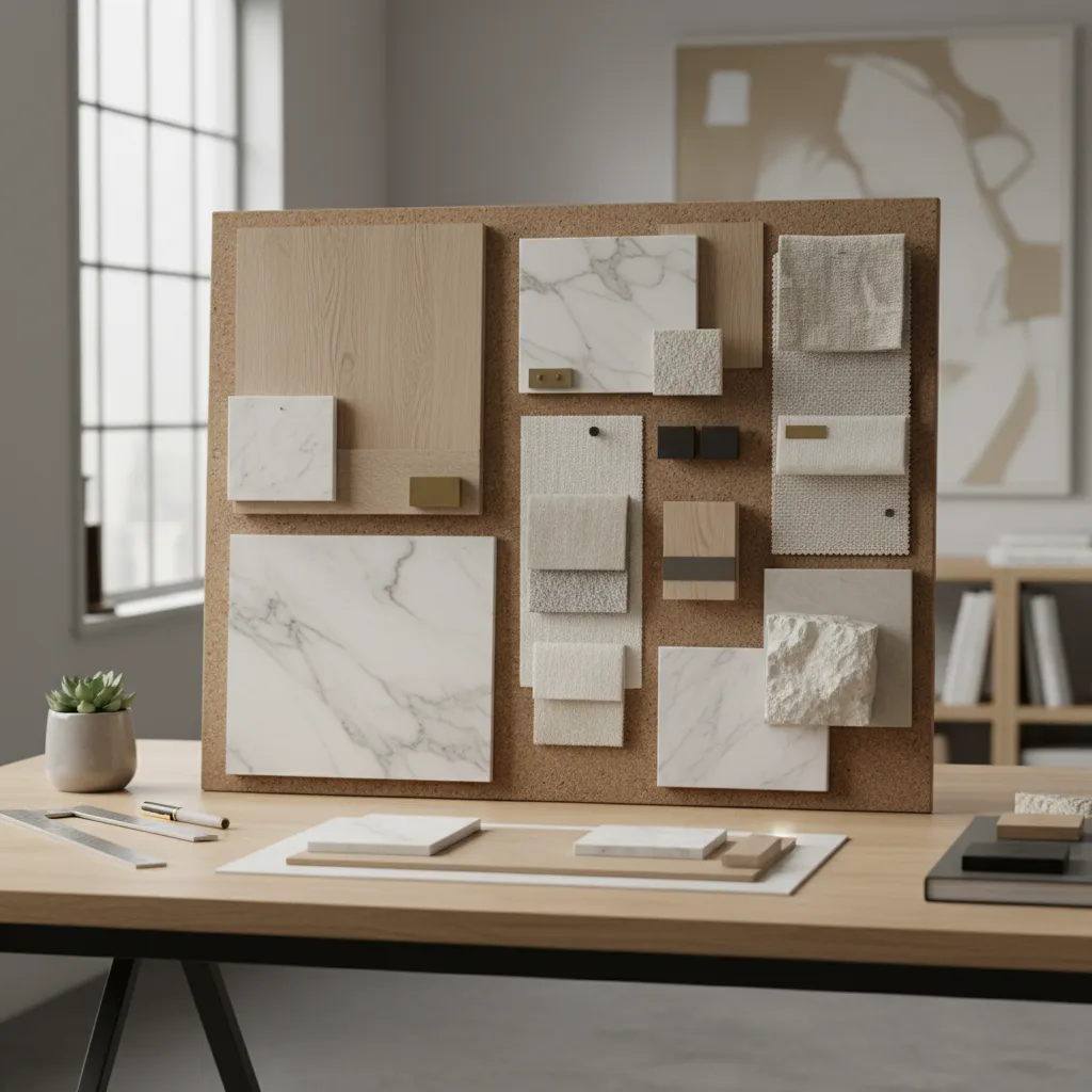 Muestras de materiales de interiorismo como madera, piedra y telas