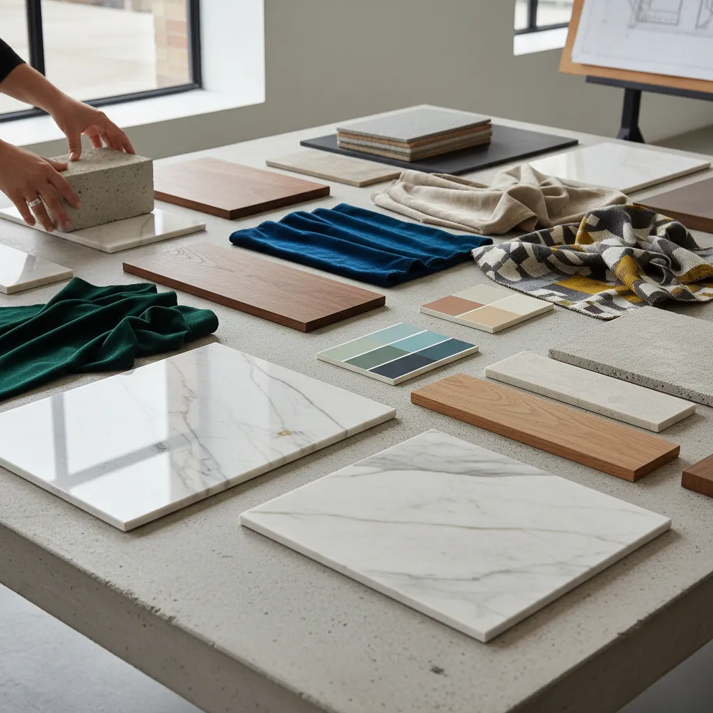 Interior design material samples including wood boards marble tiles fabrics and color swatches on table